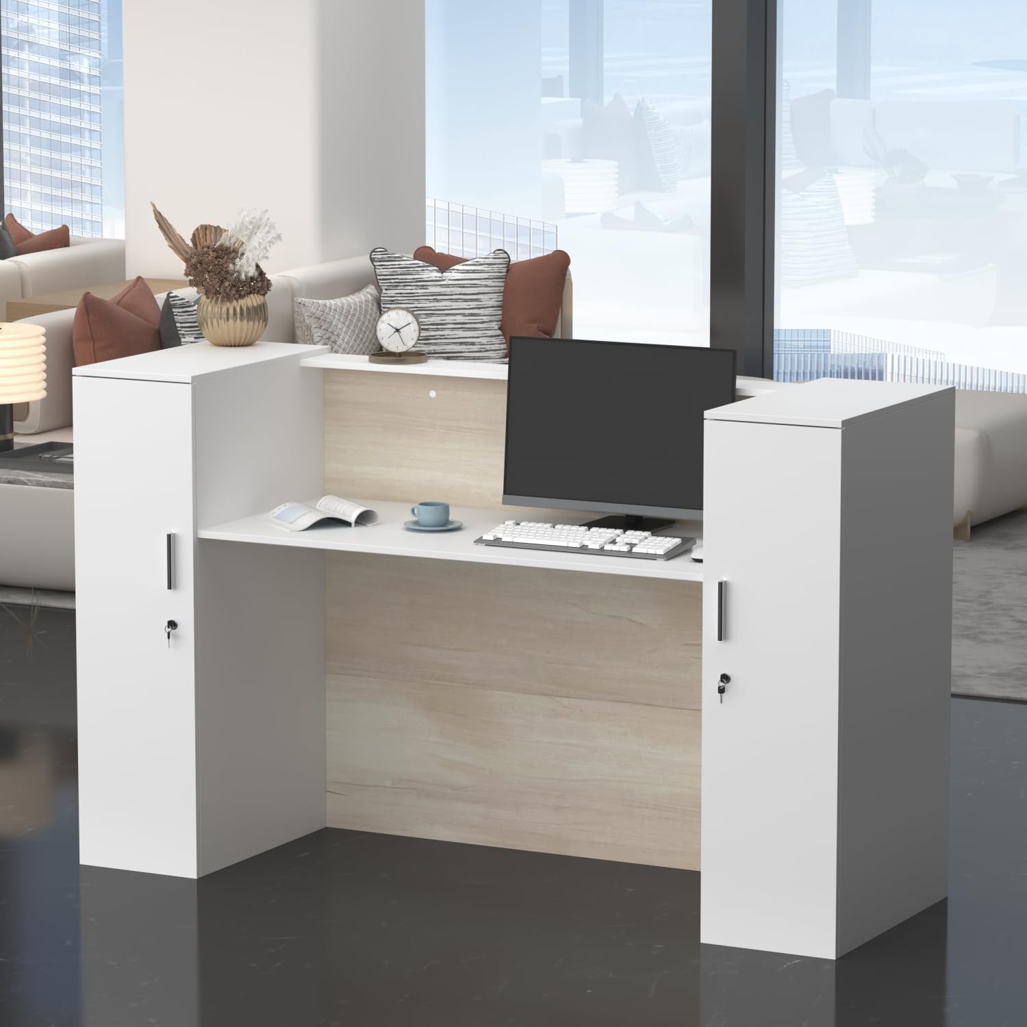 Banco reception, banconi per reception grandi, reception tavolo bancone con ripiani regolabili, banco reception ufficio bancone, colore legno e bianco, 180 X 60 X 110 cm, MDF