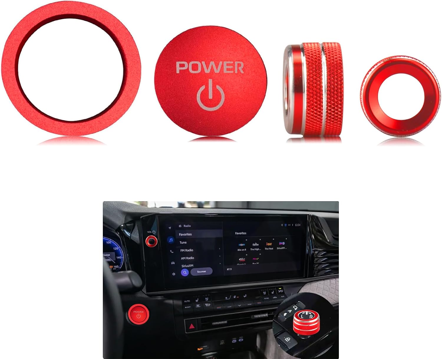Interior Accessories for 2025 2026 Toyota Camry - Aluminum Volume Regulator, Rearview Mirror knob Cover, Engine Start Button Cover/Ring 4-piece Set (red)