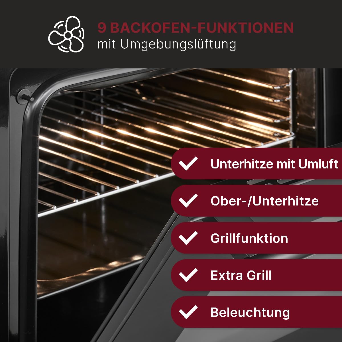 Bomann, Four avec plaque de cuisson à induction, Cuisinière encastrable avec 4 zones de cuisson et 9 fonctions de four, Capacité utile de 56 l, Thermostat réglable séparément, EHBC7937, Noir