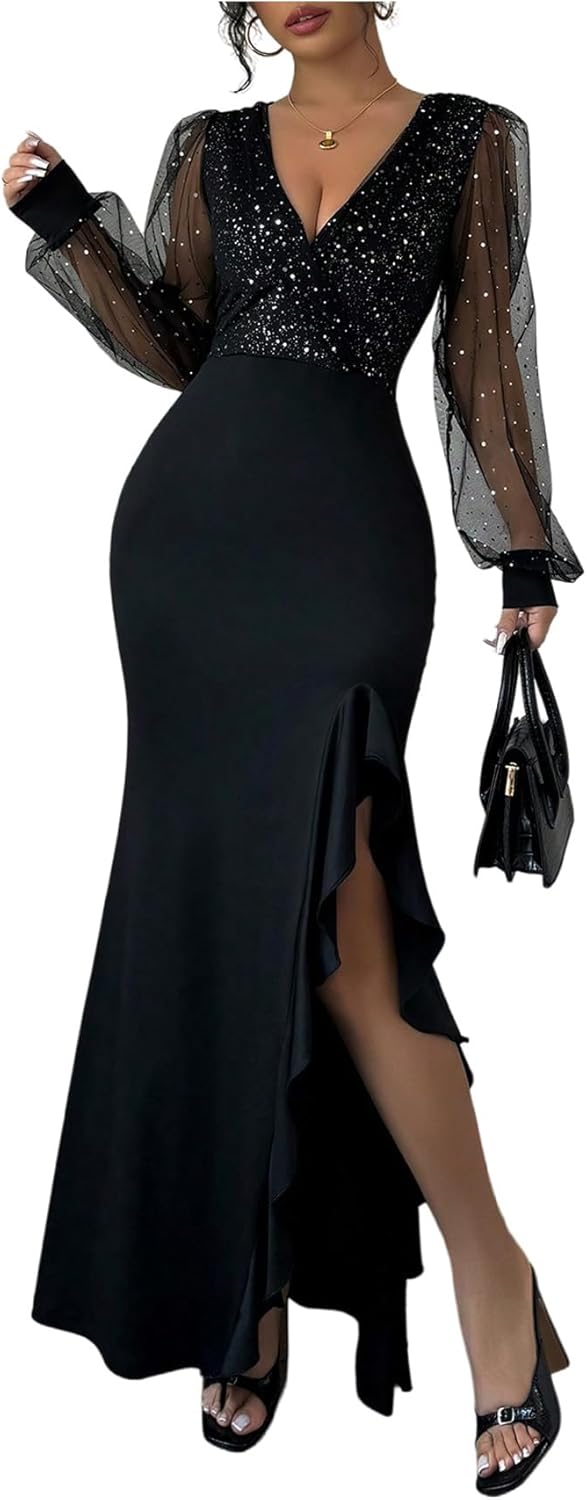 Floerns Women's Sequin V Neck Maxi Dress Mesh Long Sleeve Cocktail Party Slit Bodycon Dresses