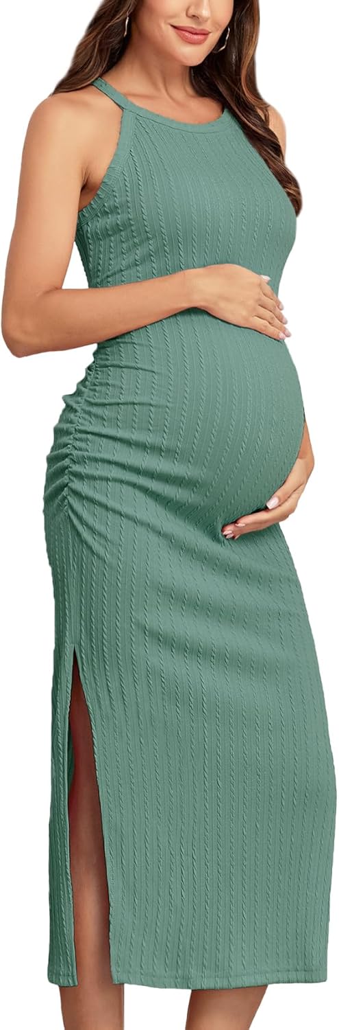 AISWI 2025 Ribbed Summer Maternity Bodycon Dress Sleeveless Halter Neck Ruched Slit Pregnancy Long Dress Baby Shower Casual