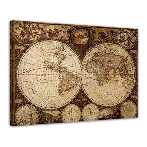 Impression d'art - Mappemonde Vintage - Image sur toile - 80x60 cm - Toile photos - Murale de BildTerrepot24 - Urbain & Graphique - Terre - Représentation...