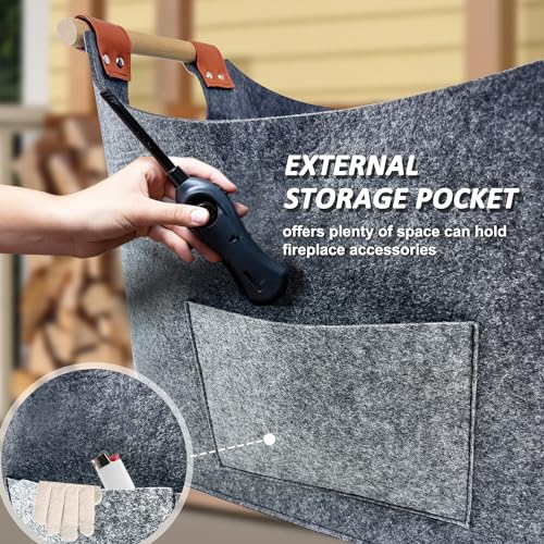Hugeleaf Firewood Carrier with Handles, Felt Extra Thick Firewood bag carrier with Pocket, Large Capacity Log carrier for firewood Indoor for Storage Toy, Book, Clothes (Medium Gray)