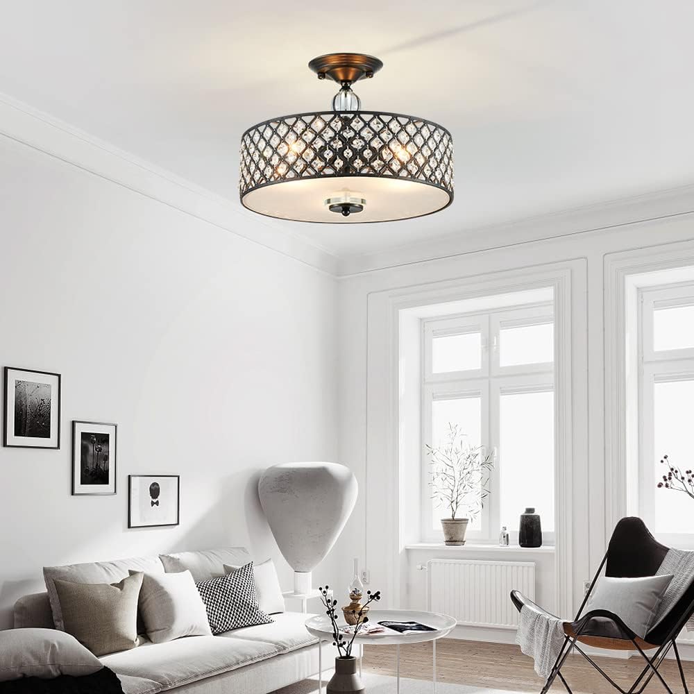 Saint Mossi Semi Flush Mount Ceiling Chandelier, Modern K9 Crystal Ceiling Light Fixture for Dining Room, Livingroom, Bedroom, H11 x D15.4, Matte Black Finish