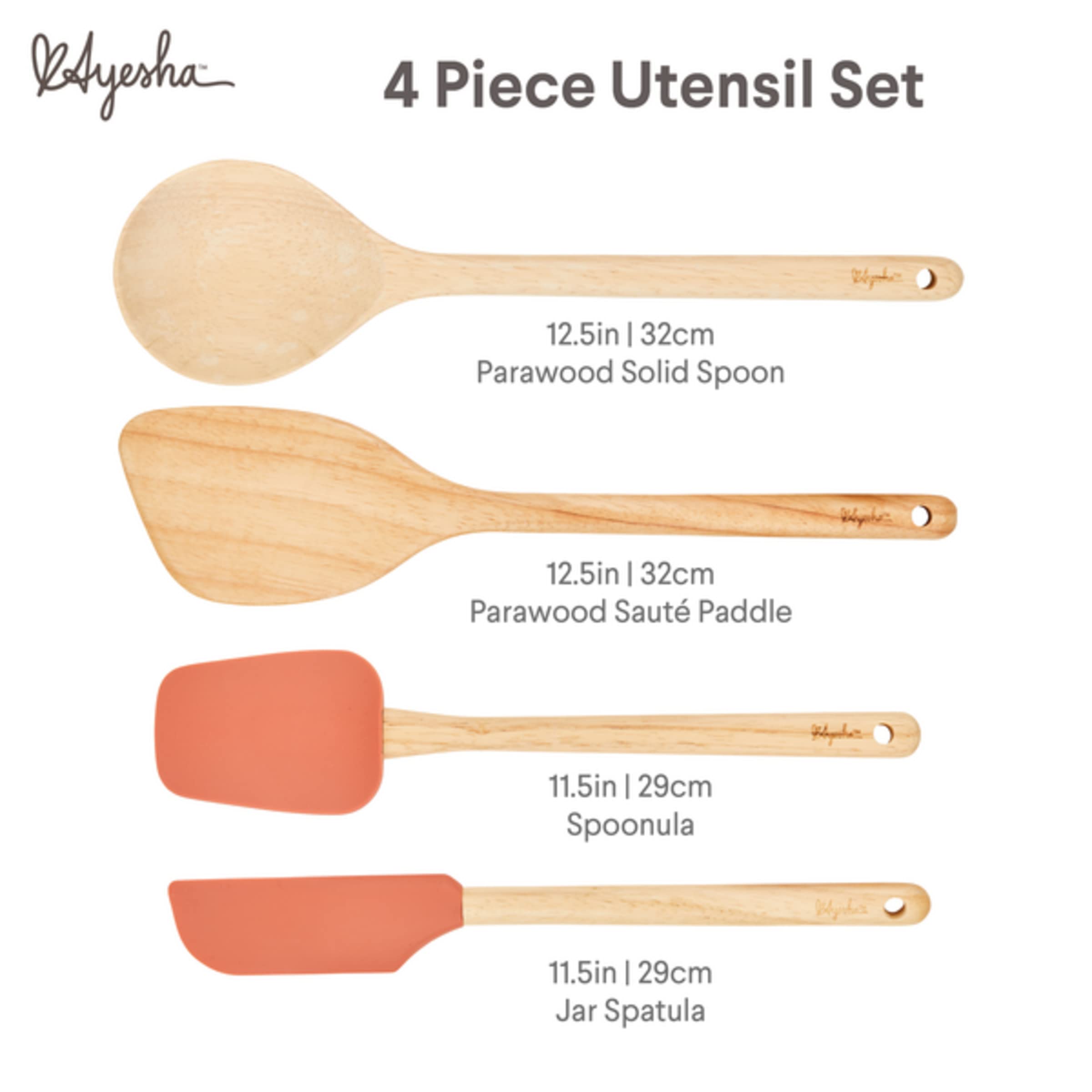 Ayesha Curry Kitchenware 48454 Werkzeuge und Gadgets Koch-/Küchenhelfer-Set – inklusive massivem, Saute-Paddel, Löffel, Glasspatel, Holz, Redwood