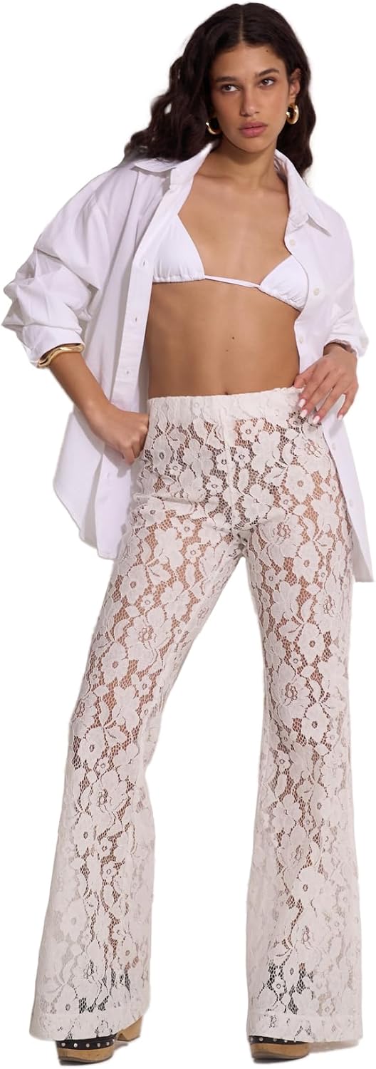 Gottex Beach Life Saint Tropez Floral Lace Cover-Up Pants - High Waist, Elastic Waistband, Flare Bottom