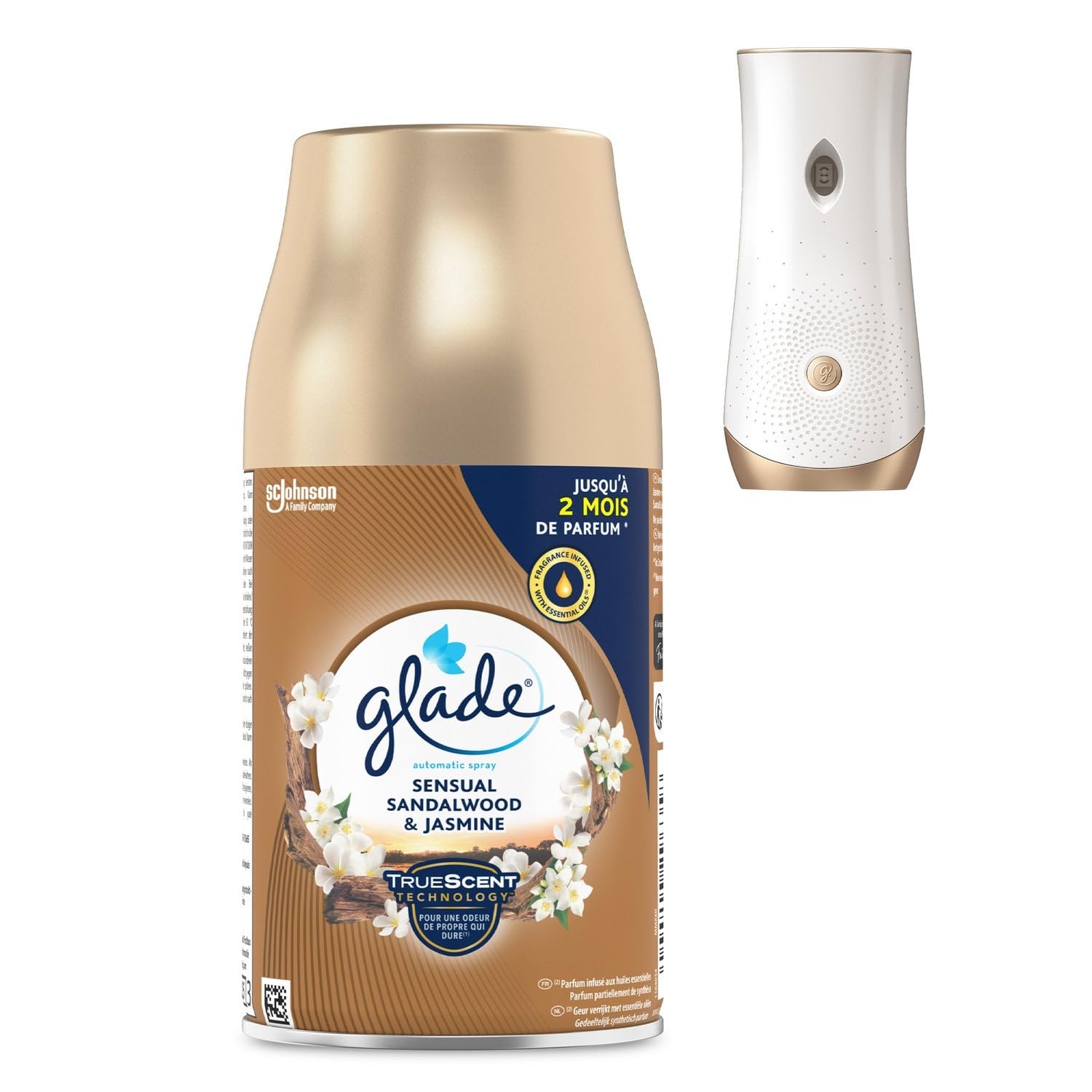 GLADE – Recharge Désodorisante Automatique Bois de Santal & Jasmin, Huiles Essentielles, 269mL - Le Lot De 3