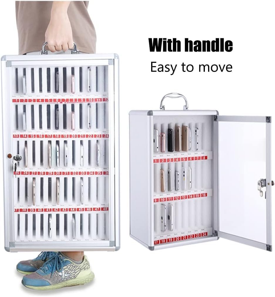 Mobile Phone Storage Box Transparent Acrylic Mobile Phone Security Locker with Key,Locked Cell Phone Storage Cabinet - 24 Slot Aluminum Alloy Locker Box with Handle - Secure Mobile Device Or