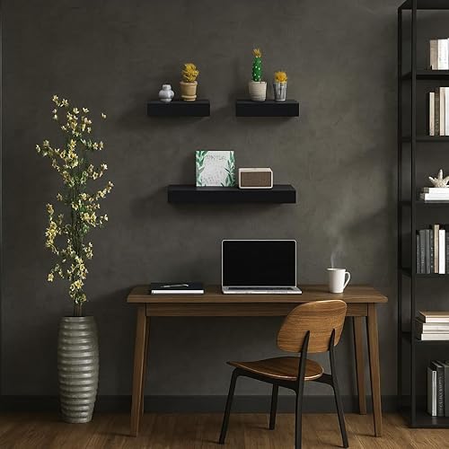 Miniatura 9 de Juego de 3 estantes flotantes de pared de madera de fibropanel de densidad media para sala de estar, dormitorio, baño, oficina, estantes decorativos