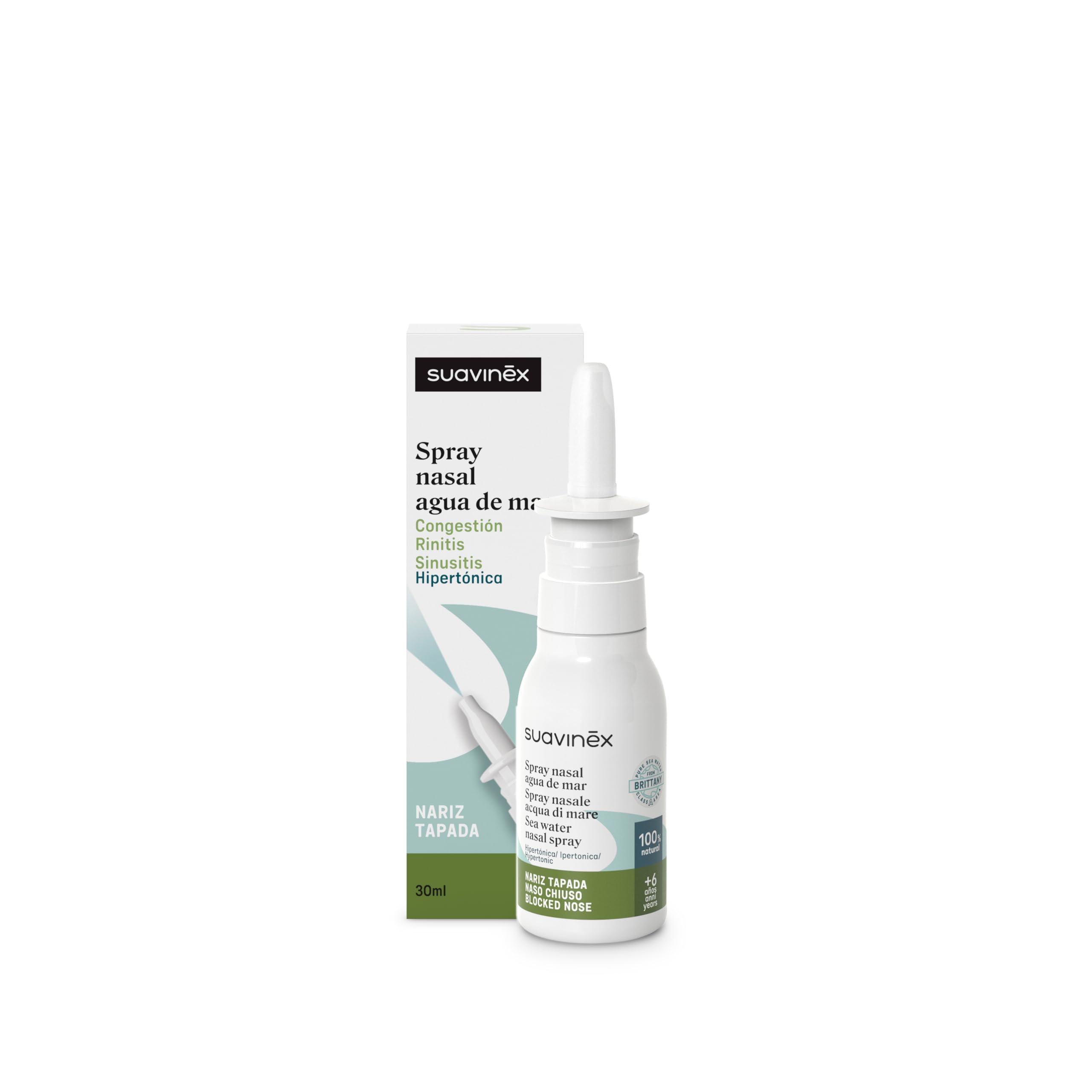 Suavinex, Nasal Spray with Sea Water, Suitable for Pregnant, Breastfeeding and Children +6 Years, Hypertonic, Decongestant, Rhinitis and Sinusitis, for Nasal Washes, 100% Natural, Medium Strength, 30 ml