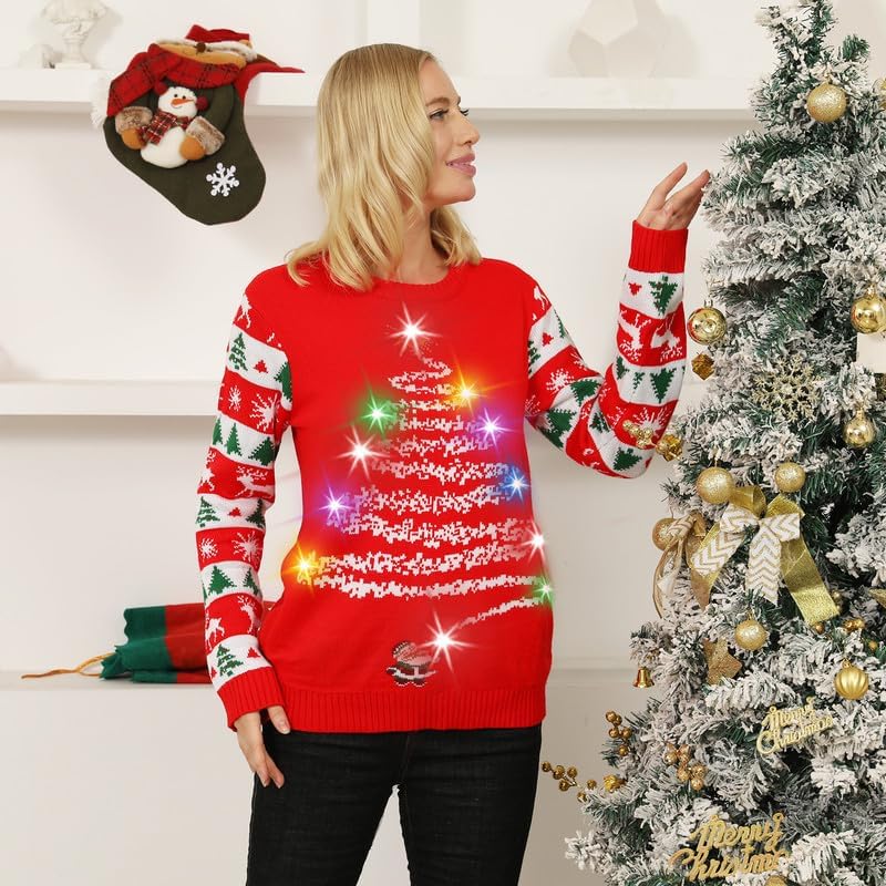 FWV Ugly Christmas Sweater for Women Men,Light up Christmas Sweater,Unisex Cute Xmas Tree Funny Holiday Ugly Sweaters Xmas for Couples Set Red