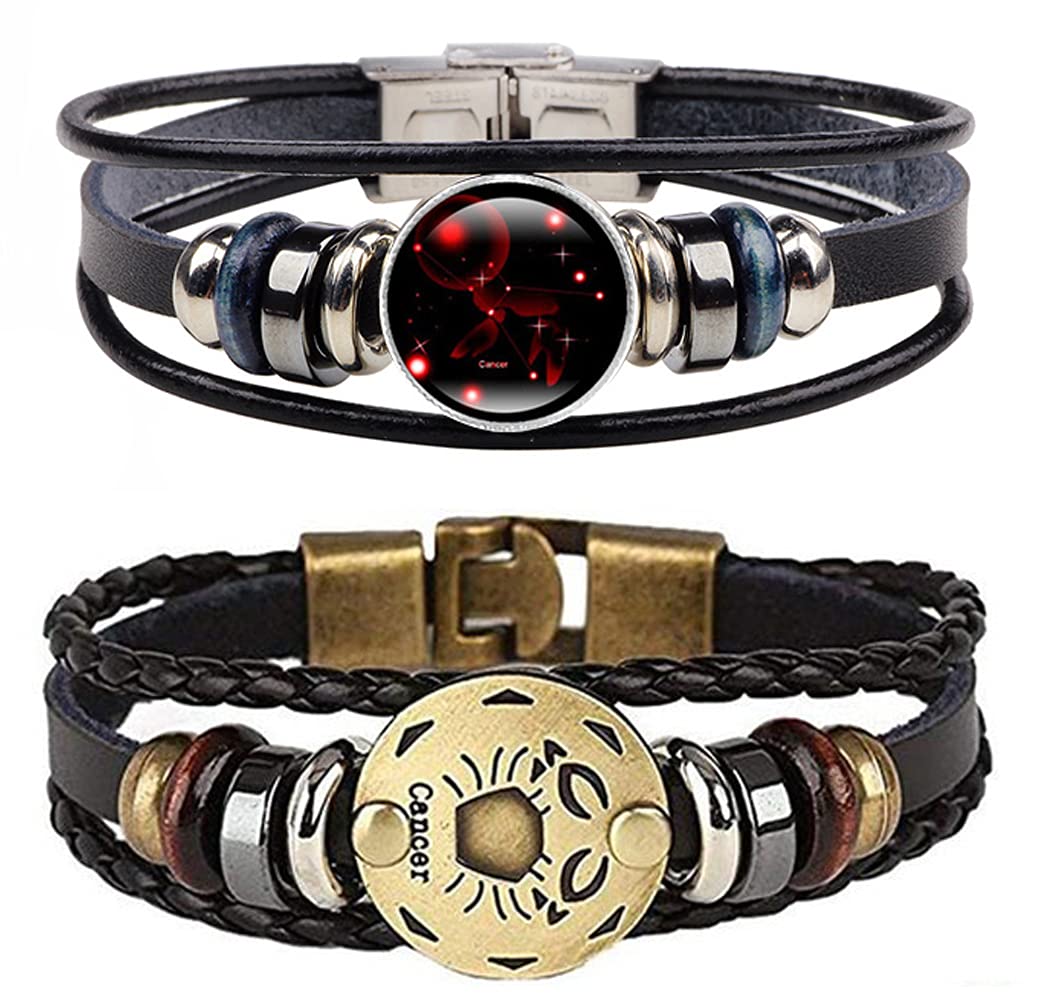 Dcfywl7312Pcs Zodiac Gifts Bracelet for Women Men Christmas Gifts 12 Constellation Beaded Hand Woven Leather Bracelets Braided Punk Chain Cuff Men Gifts for Christmas