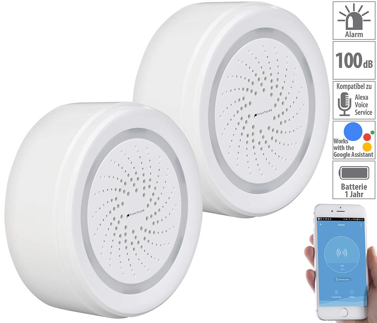VisorTech Netzwerk-Sirene: 2er-Set Alarm-Sirene mit WLAN & App, komp. zu Alexa & Google Assistant (Funk-Alarmsystem, Funksirene)