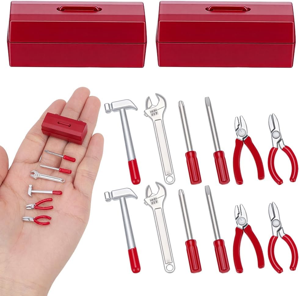 AHANDMAKER Miniature Work Tools Set Mini Tool with Red Toolbox Minihouse Decoration Accessories Miniature Scene Model for Mini House Scene Layout Props Party Favors