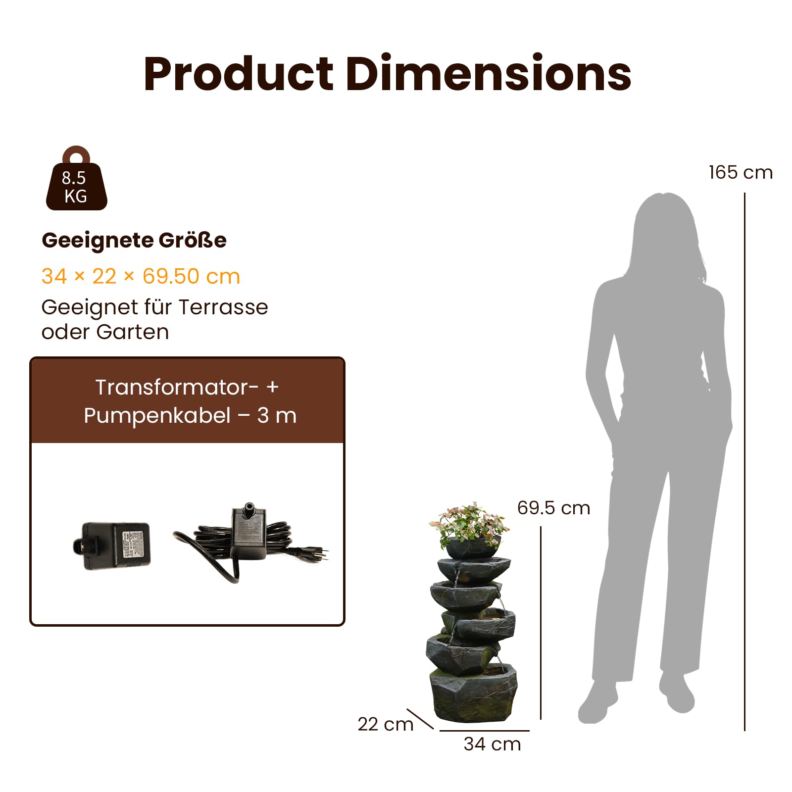 Sunlinua Gartenbrunnen aus Kunstharz in Steinoptik mit LED-Wasserfall-Design, geeignet für Terrasse, Balkon, Garten und Eingangsbereich, 34L × 22B × 70H cm | Grau