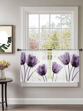 X-ray Image of Purple Tulip Sheer Curtains 45 Inch Long 2 Panels, Spring Summer Flower Botanical Light Filtering Window Sheer Curtains, Rod Pocket Voile Drapes for Living Room Bedroom, 52x45