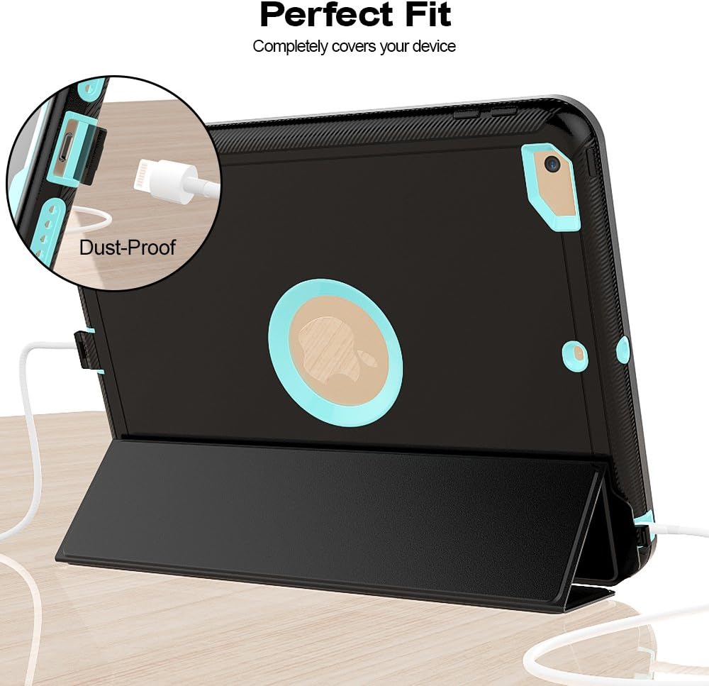 SEYMAC stock Case for iPad 5th/6th Generation 9.7 inch, Heavy Duty Shock-Proof Smart Cover Auto Sleep Wake with Leather Stand Feature for iPad 2017/2018 Released (Black/Sky Blue)