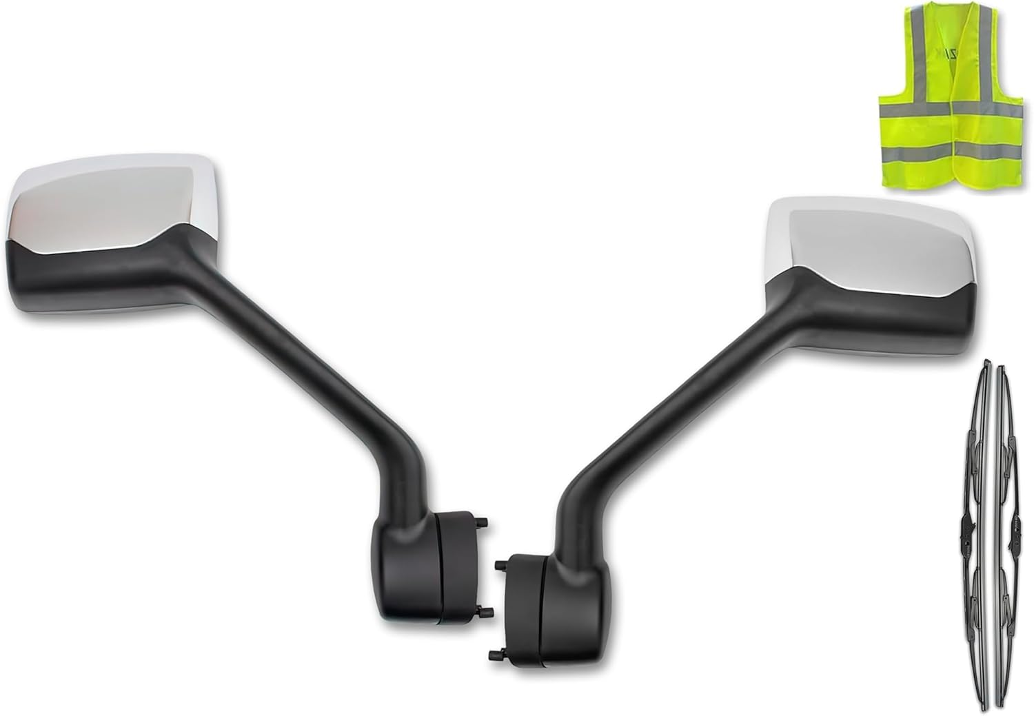 KOZAK Heated Hood Mirrors Chrome Back Covers (Right Passenger & Left Driver Side) Set Compatible with Kenworth T680 2022+ Next Gen Includes Logo, 2x 22" Windshield Wipers, and Reflective Vest