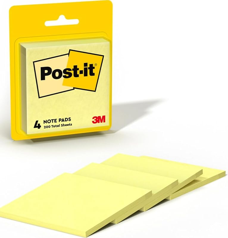Post-it Notes, 3 in x 3 in, 4 Sticky Notes Pads, 50 Sheets per Pad, The Iconic Canary Yellow Note, School Supplies and Oﬃce Products