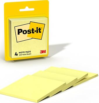 Post-it Notes, 3 in x 3 in, 4 Sticky Notes Pads, 50 Sheets per Pad, The Iconic Canary Yellow Note, School Supplies and Office Products