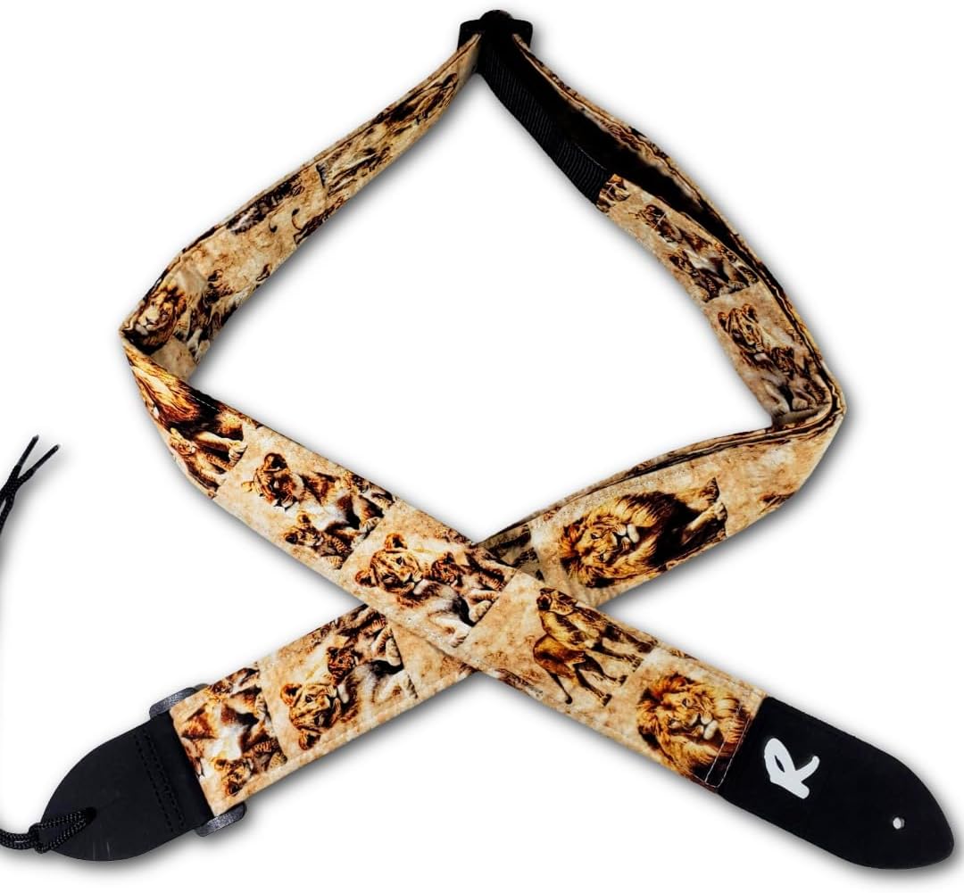 Lion Guitar Strap -Lions Guitar Strap, Genuine Leather Ends, Includes 2 Strap Locks & 1 Pick. Adjustable Strap, For Bass, Electric & Acoustic Guitars Gift for Guitar Players