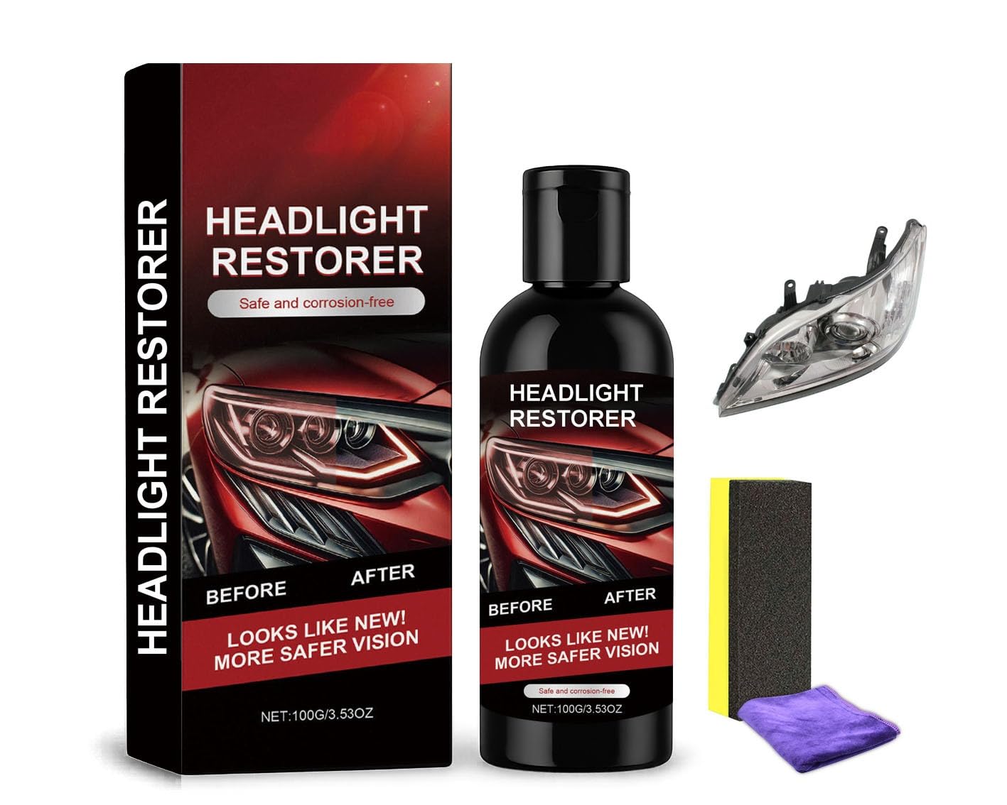 LumiFix Headlight Restorer Kit – Easy Scratch & Dirt Removal, Long-Lasting Headlight Restoration,100ml Cleaner, Application Sponge & Cloth Included
