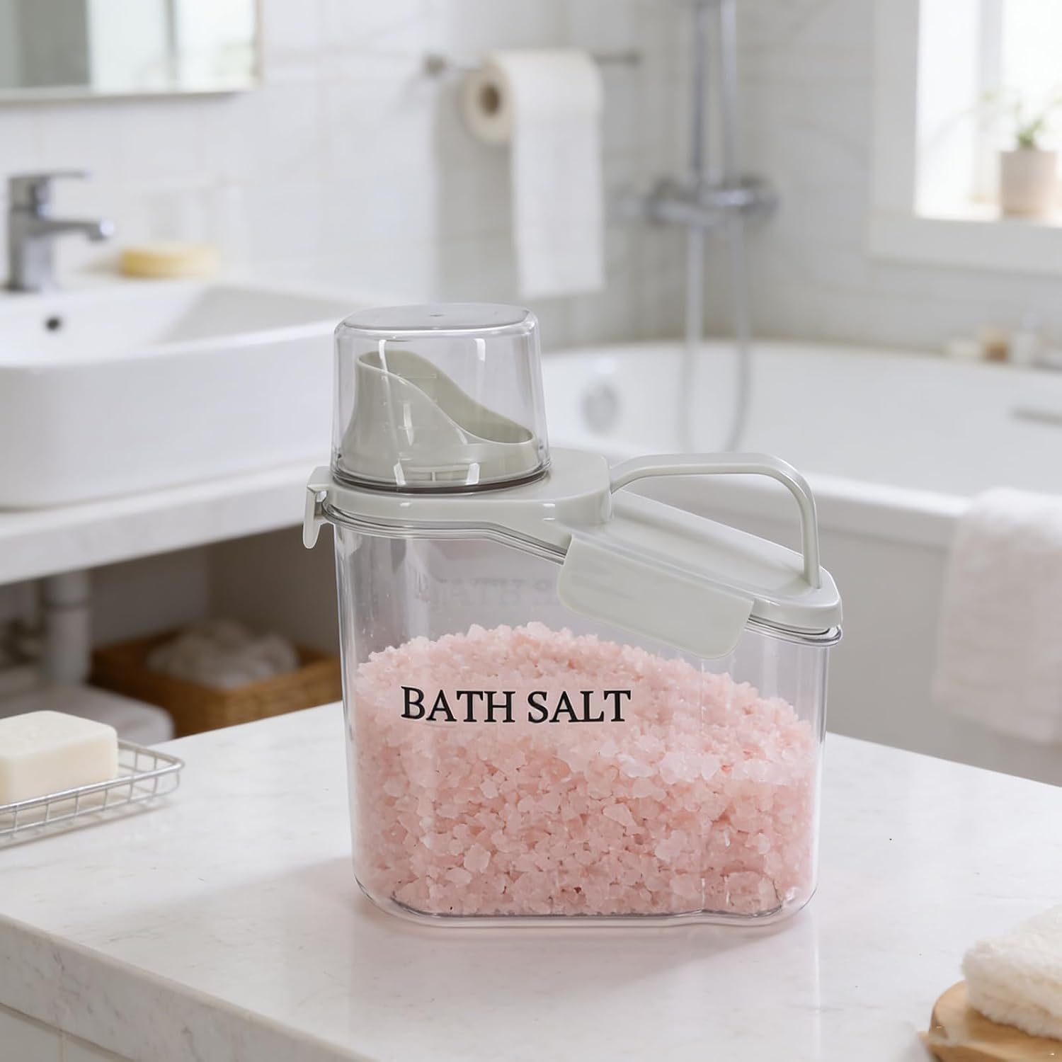 Airtight Bath Salt Container, 54oz Clear Plastic Jar with Funnel-Pour Lid & Handle & Measuring Cup, BPA-Free Bathroom Storage Canister for Salts, Bombs, Epsom Salt