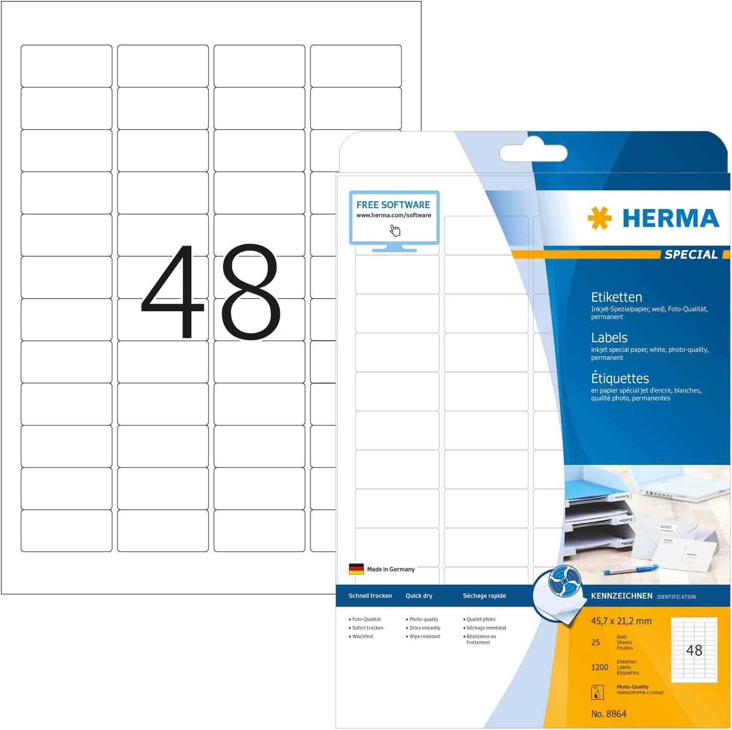HERMAInkjet Labels, 45.7 x 21.2 mm, White, 1200 Labels, 25 Sheets, Photo Quality, Wipe Resistant, Ideal for Inkjet Printers