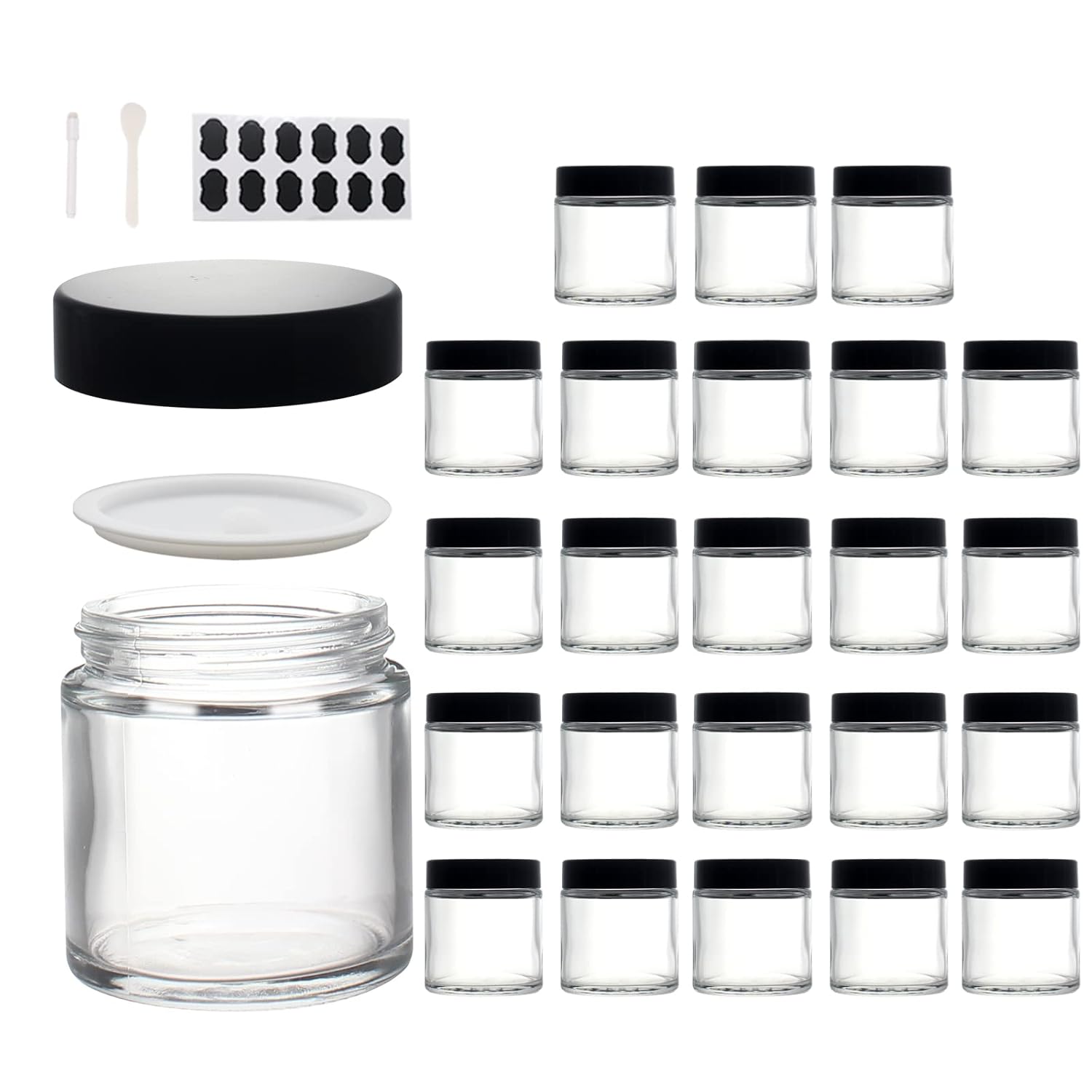 BPFY 24 Pack 4 oz Clear Glass Travel Cosmetic Jars, Refillable Cosmetic Containers with Inner Liners, Lids, Spatula, Chalk Labels, Pen, Beauty Jar for Sugar Scrub, Cream, Bath Salt, Slime (4oz 24Pack) : Beauty & Personal Care