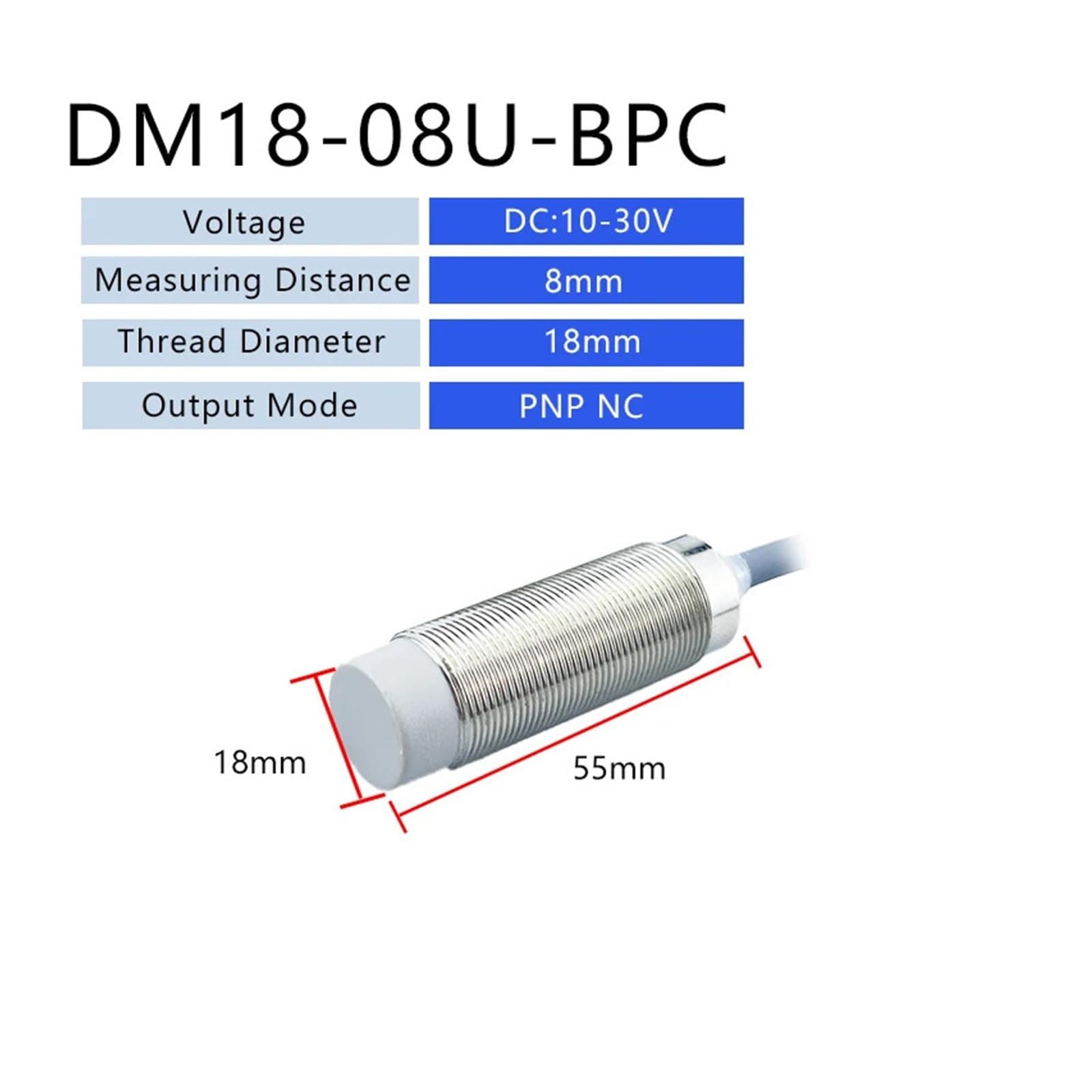 XYNSNDB Sensore di prossimità induttivo Serie M18 Distanza di rilevamento 8mm/16mm 6-36V NPN PNP(DM18-08U-BPO)