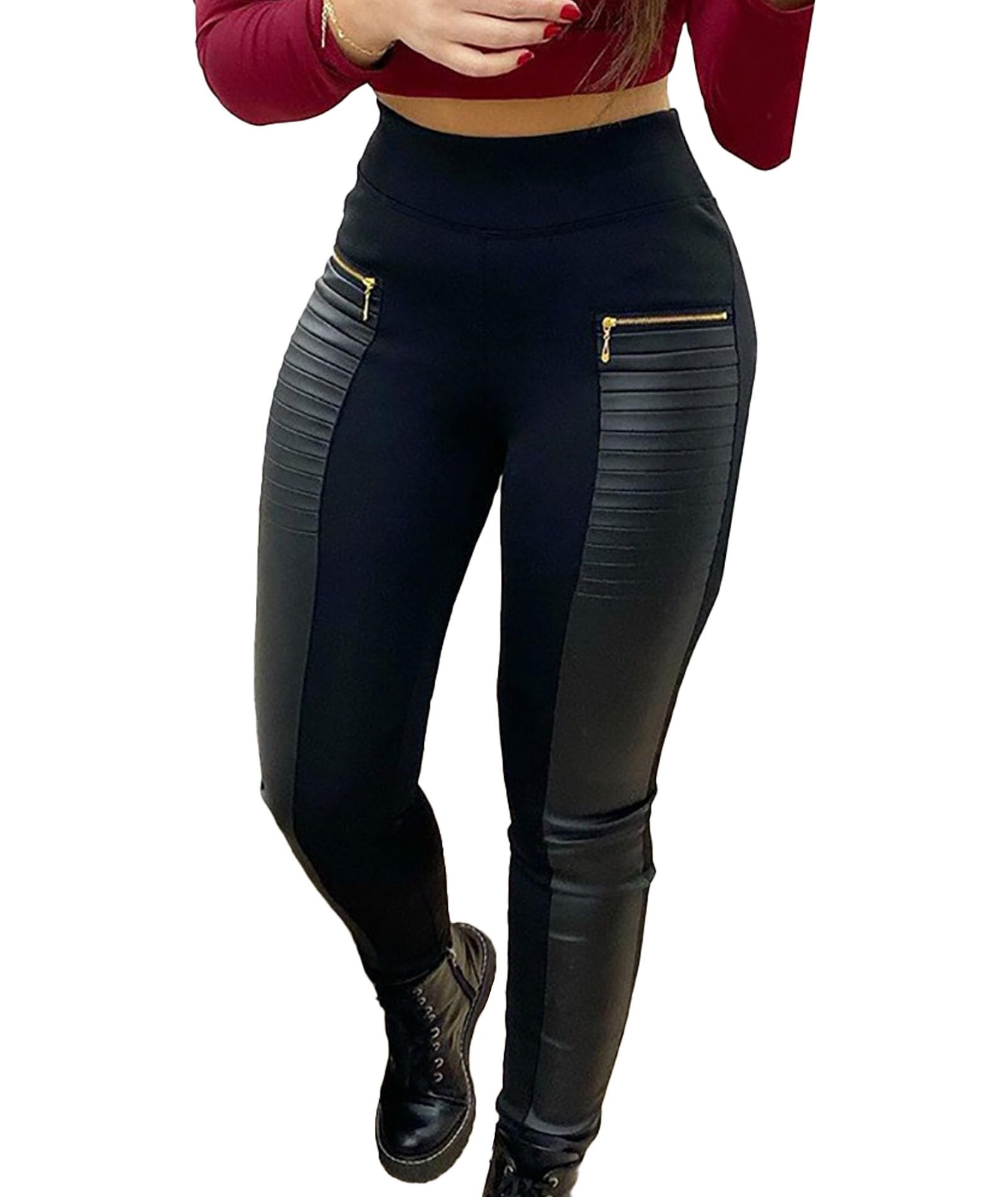 xxxiticat Womens Faux Leather Patchwork Leggings High Waist Casual Slim Gothic Stitch Bodycon PU Leather Skinny Trousers