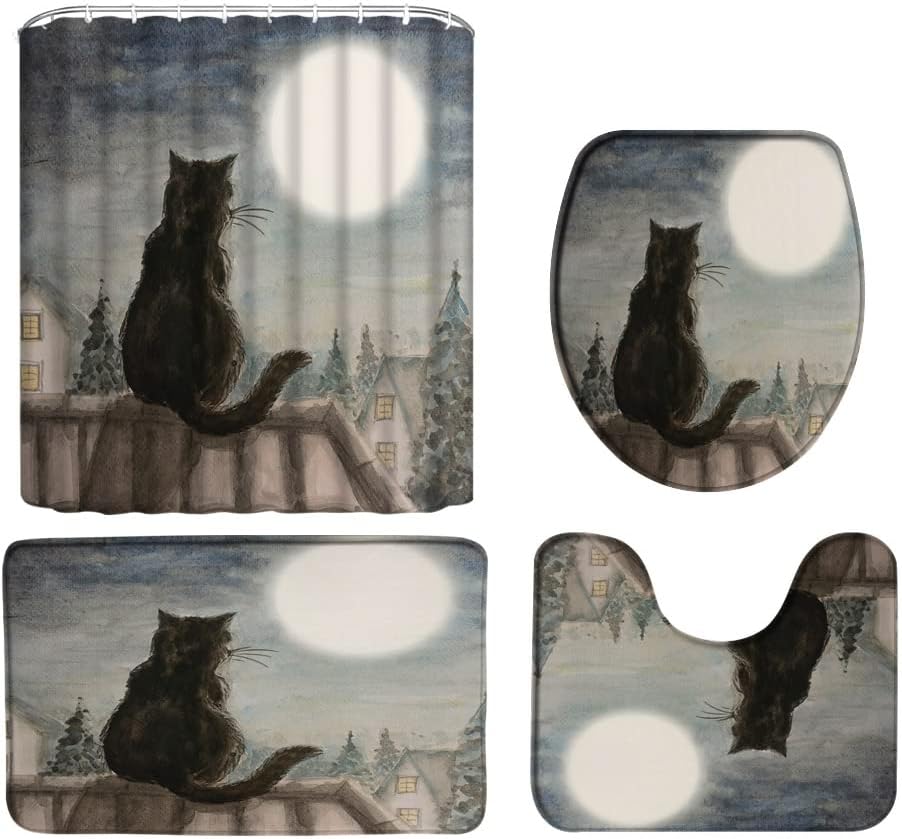 4pcs Black Cat Shower Curtain Set with Rug Moon Night Animal Kitty Staring at The Moon Abstract Watercolor Art Oil Painting Bathroom Set with Hooks(Bath Mat,U Shape and Toilet Lid Cover Mat)