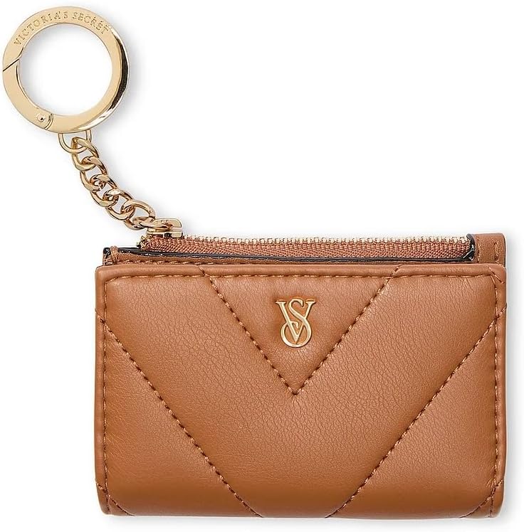 Victoria's Secret Women's Quilted Foldover Card Case Keychain Wallet, Compact Mini Coin Purse with Zipper Pocket, Brown New