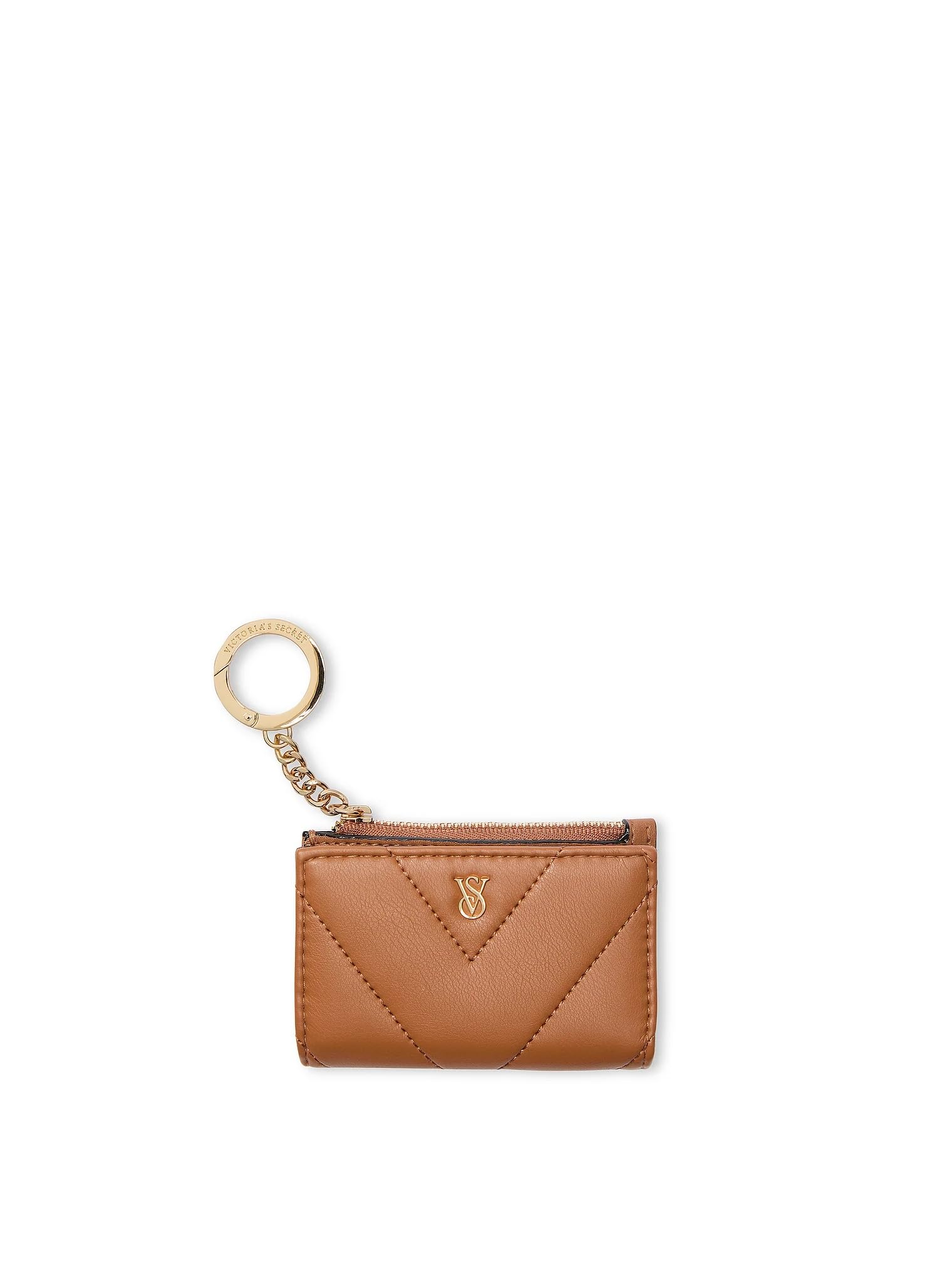 Victoria's Secret Women's Quilted Foldover Card Case Keychain Wallet, Compact Mini Coin Purse with Zipper Pocket, Brown New