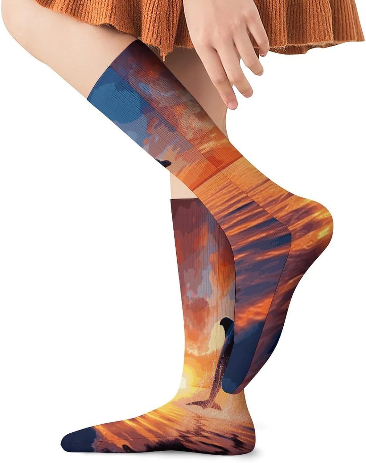 Sunset Dolphin Crew Socks Casual Breathable Calf Socks | Cushion Running Athletic Socks Long Performance Breathable Sports Socks for Women Men