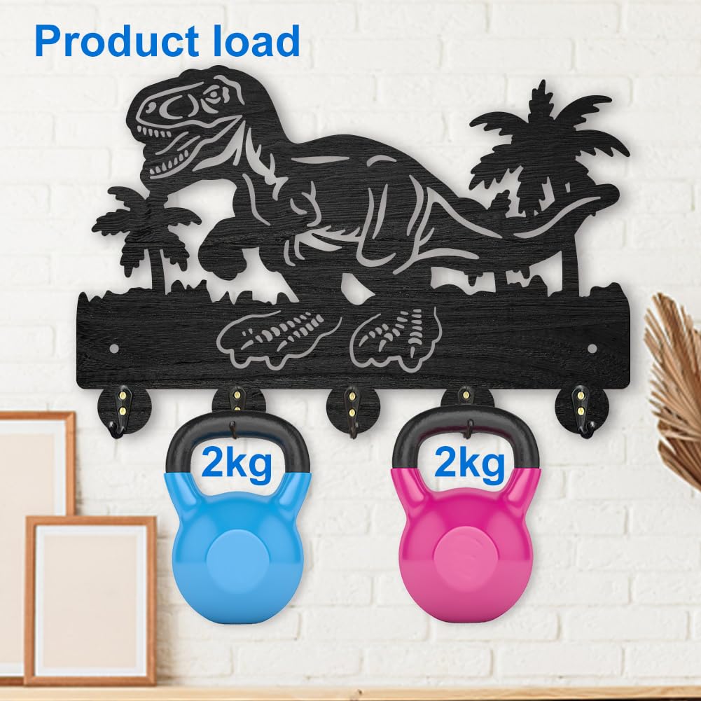 MAYJOYDIY Dinosaur Wall Mount Key Hanger, 30x20 cm, 5 Alloy Hooks, Wood Key Holder with Palm Tree Design for Gift Entryway - Image 4