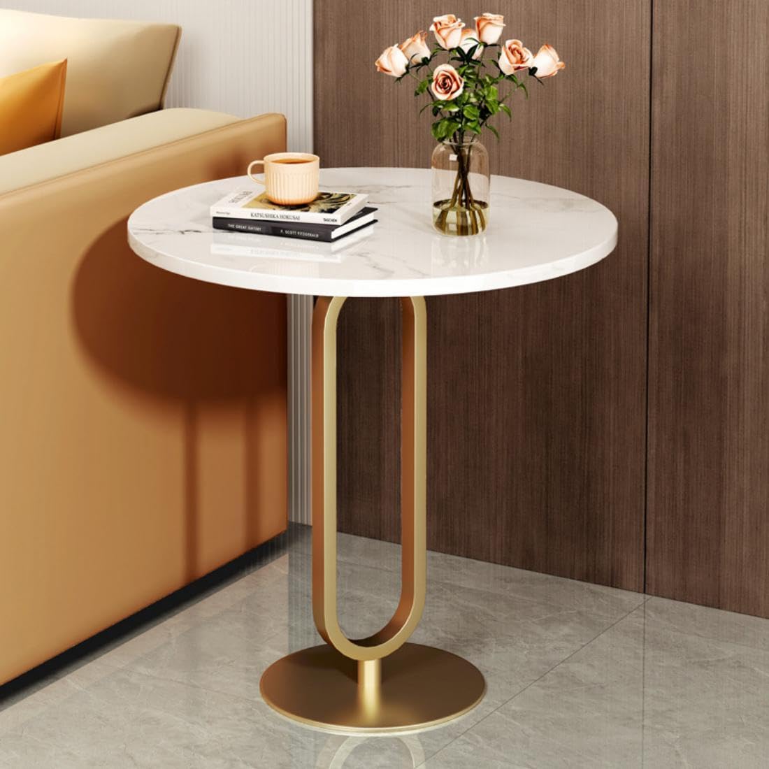 HOLMZCED Floor Coffee Table with Faux Marble Top, Modern Side Table Round End Table Small Center Table Gold and White for Home Office