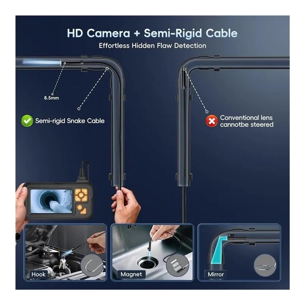 Cámara endoscópica 1080P con luz, Pantalla IPS de 4,3", Cable semirrígido de 5 m, boroscopio IP67