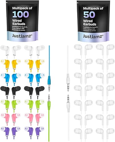 Paquete de 150 auriculares a granel para uso en el aula | Incluye 100 auriculares multicolor y 50 auriculares blancos con cable | Auriculares para