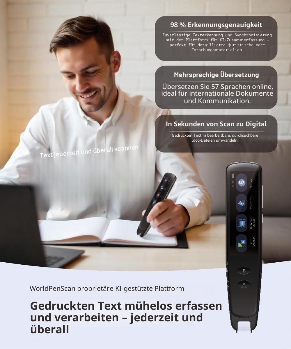 PenPower WorldPenScan Go Digitaler Textmarker, Lesestift und mehrsprachiger tragbarer Übersetzer Sprache/Scan-to-Text, Sprache/Scan-Übersetzung Alles in einem