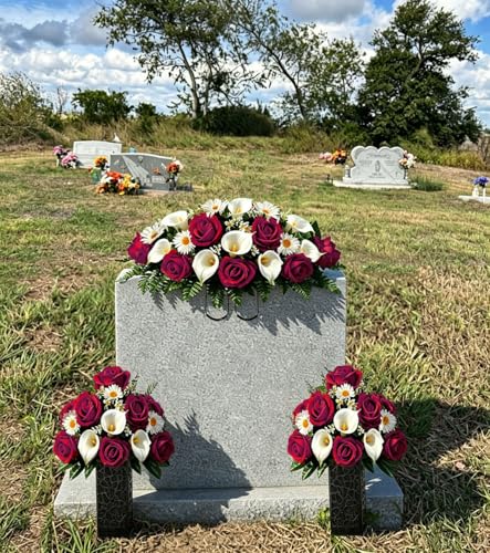 Artificial Roses Calla Lily Daisy Cemetery Flowers Outdoor Grave Decorations - Saddle Arrangement for Headstone,Outdoor Tombstone Memorial Decorations, Easy Fit (ROSEO White) image 4