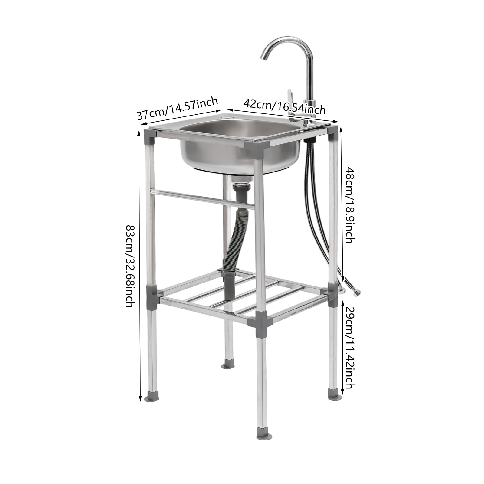 Freistehende Spüle 42x37x83cm, Edelstahl Spültisch mit Unterschrank Und Wasserhahn, Outdoor Spüle, Mobile Spüle für Restaurant Waschkiche Garage, Tragfähigkeit 60kg