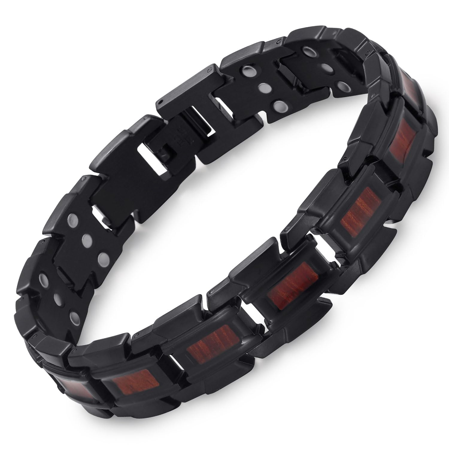 RainSo Herren Magnetarmband,Scorpion Zange Dreireihiges magnetisches Armband aus Holz und Edelstahl,Wird mit einem Werkzeug zum Entfernen von Gliedern und einer Schmuckgeschenkbox (schwarz und rot)