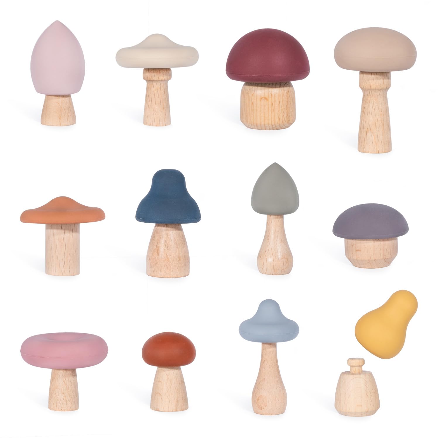 Woodland Mushrooms Mix & Match Set for Kids - Wood and Silicone Montessori Open Ended Play Imaginative Toys