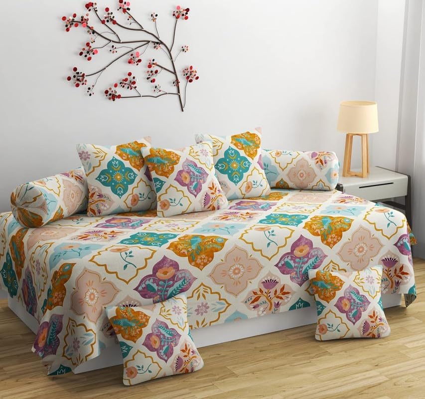 diwan Set for Living Room, diwan Set Covers Glace Cotton, Designer diwan Set 8 Pieces (1 Single Bedsheet, 5 Cushion Covers, 2 Bolster Covers, Color- Beige Sky Blue)-image-49