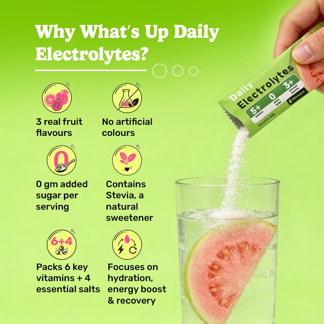 What's Up Wellness Daily Electrolytes Powder - Juicy Guava Flavour | Zero Added Sugar | Instant Hydration - Sodium, Potassium, Magnesium & Zinc | Vegan - 30 Sachets | Pack of 2 — Amazon image 3