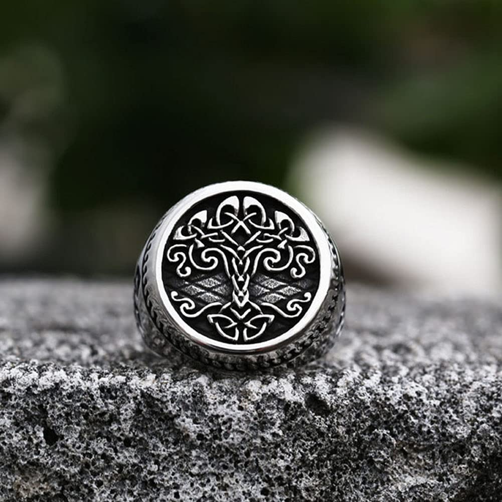 Bague Chevalière Ronde Acier Inoxydable Arbre Vie Viking, Bague Motard Amulette Yggdrasil Homme Et Femme, Bijoux Religieux Vintage Classiques