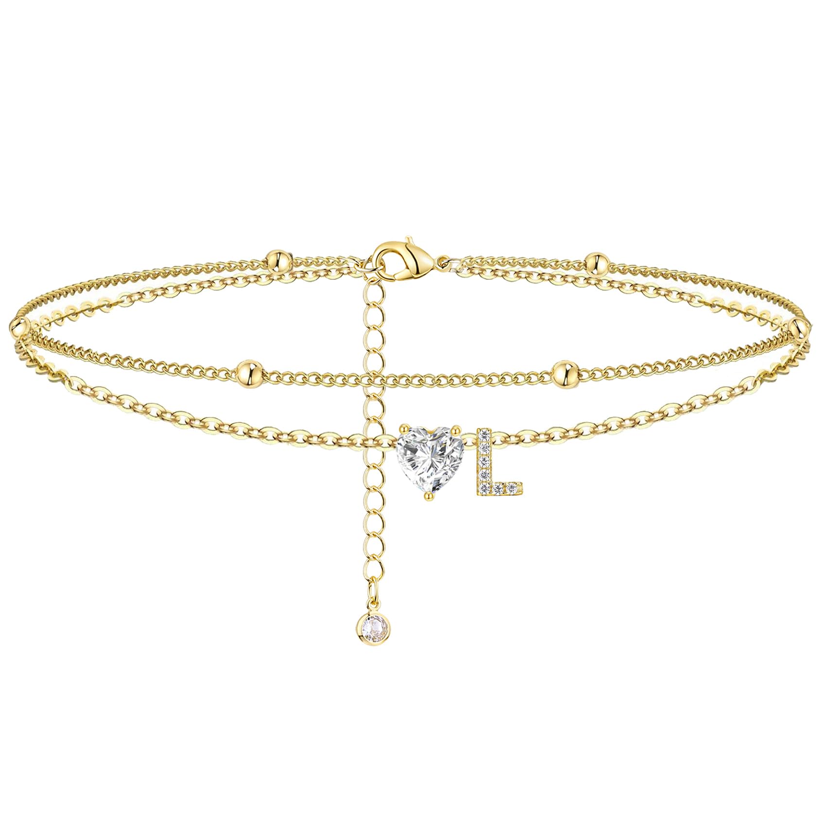 MYYOII Ankle Bracelets for Women Waterproof 14K Gold Plated CZ Initial Anklet for Women Dainty Layered Letter Heart Ankle Bracelets Handmade