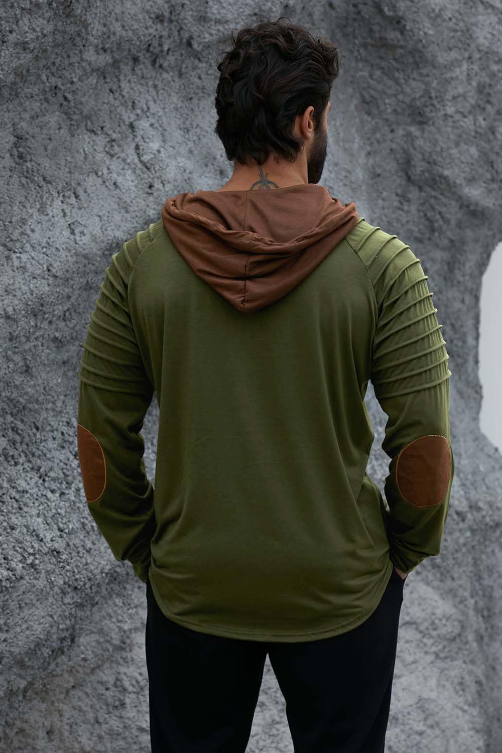 ShallWe Men's Henley Shirt Hooded Long Sleeve Lace Up Vintage Solid Casual T-Shirt Tactical Patchwork Western Tee Sports Army Green, X-Large - Image 4