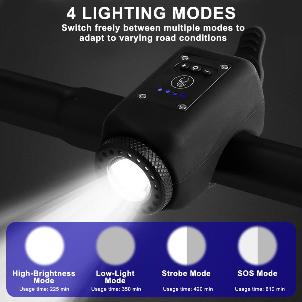 Campanello Bici Elettrico, Clacson Bici Elettrica Con Luci per Bicicletta, 6 modalità sonore, 4 modalità di illuminazione, Ricaricabile tramite USB, Impermeabile, Per monopattini elettrici, MTB